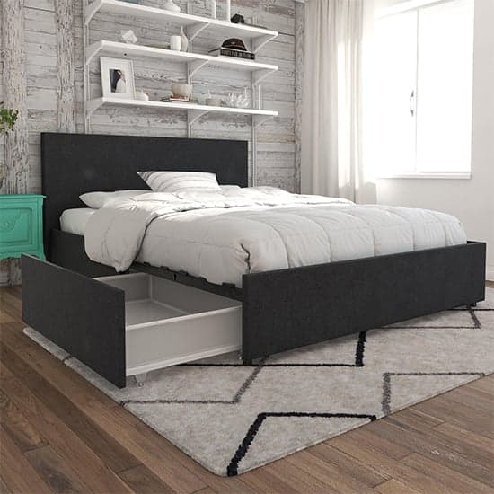 Keely Linen Fabric King Size Bed With 4 Drawers In Dark Grey_2