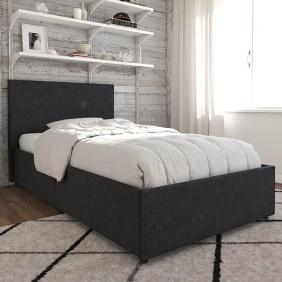 Keely Linen Fabric Single Bed With 2 Drawers In Dark Grey_1