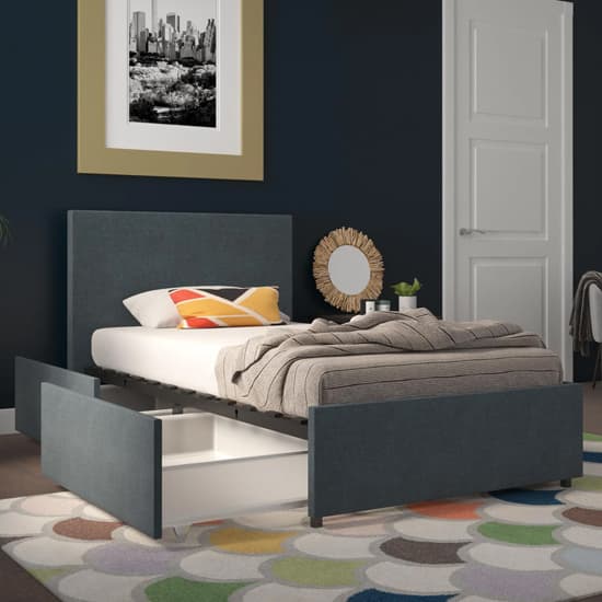 Keely Linen Fabric Single Bed With 2 Drawers In Navy_3