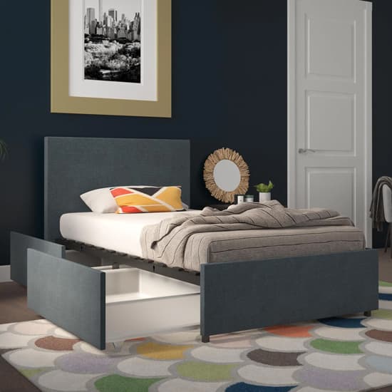 Keely Linen Fabric Single Bed With 2 Drawers In Navy_4
