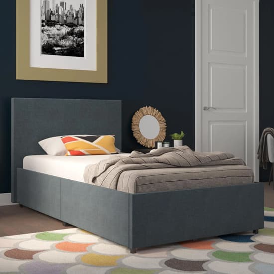 Keely Linen Fabric Single Bed With 2 Drawers In Navy_1