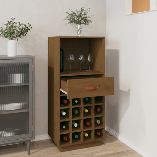 Keller Solid Pine Wood Wine Cabinet With Drawer In Honey Brown_2