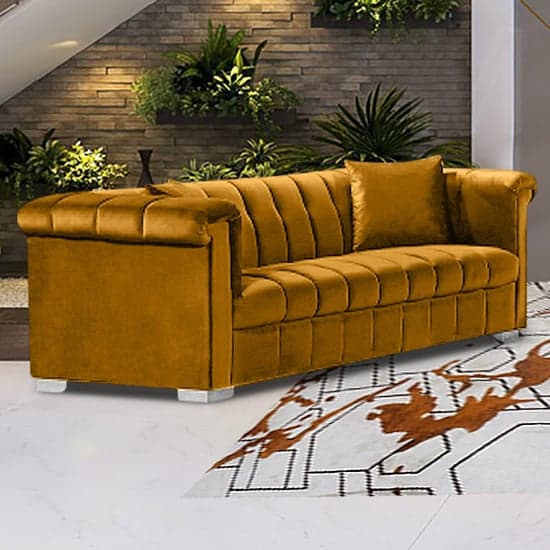 Kenosha Malta Plush Velour Fabric 3 Seater Sofa In Gold_1