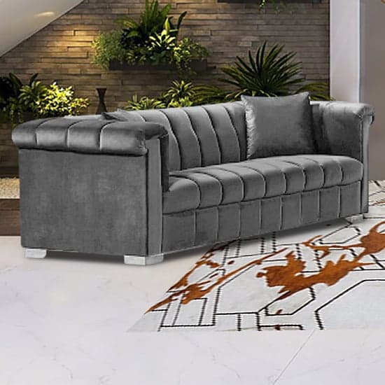 Kenosha Malta Plush Velour Fabric 3 Seater Sofa In Grey_1