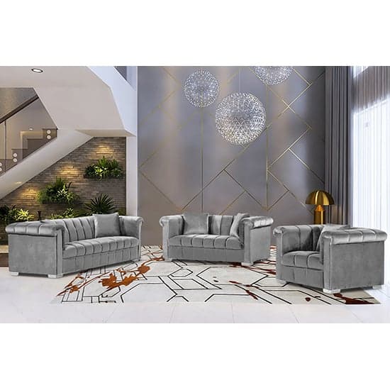 Kenosha Malta Plush Velour Fabric 3 Seater Sofa In Silver_2