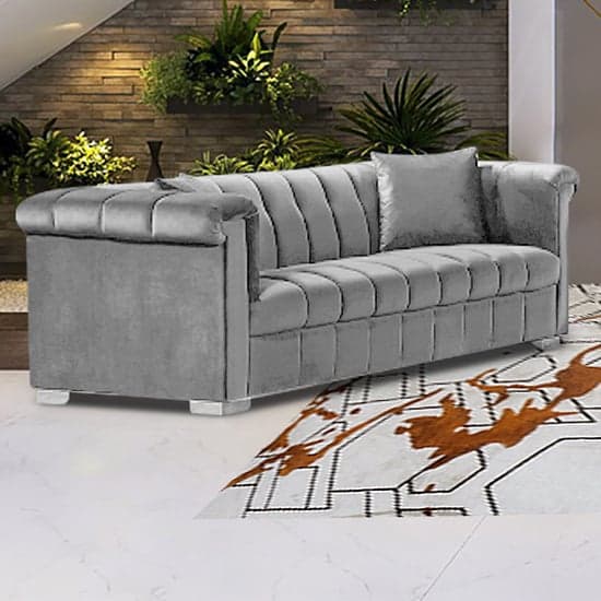 Kenosha Malta Plush Velour Fabric 3 Seater Sofa In Silver_1