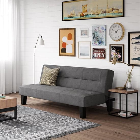 Keori Velvet Futon Sofa Bed In Grey With Wooden Legs