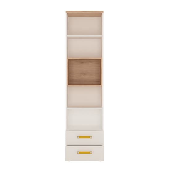 Kepo Wooden Bookcase In White High Gloss And Oak With 2 Drawers_2