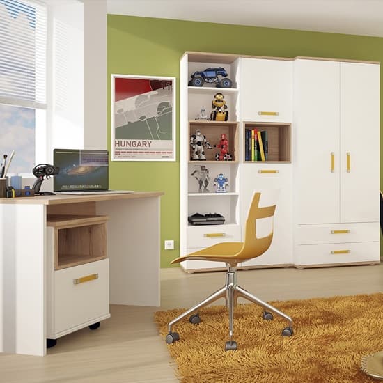 Kepo Wooden Bookcase In White High Gloss And Oak With 2 Drawers_4