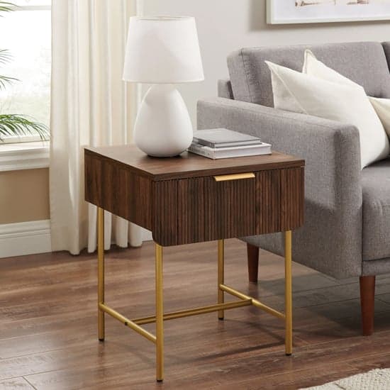 Kinder Wooden Side Table With 1 Drawer In Dark Walnut And Gold_1