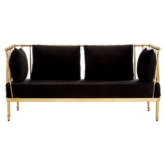 Kurhah Black Velvet 2 Seater Sofa With Gold Tapered Frame_2