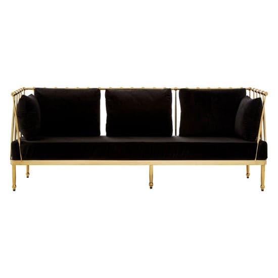 Kurhah Black Velvet 3 Seater Sofa With Gold Tapered Frame_2
