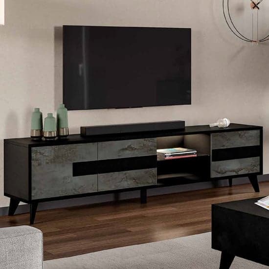 Laax TV Stand In Matt Black Oxide With 3 Doors 1 Shelf And LED_1