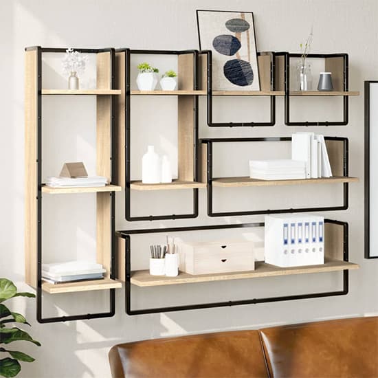 Lagos Wooden Wall Shelf With 6 Compartments In Sonoma Oak_1