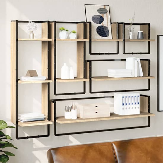 Lagos Wooden Wall Shelf With 6 Compartments In Sonoma Oak Furniture