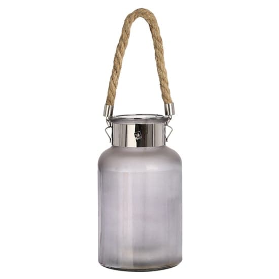 Lair Large Frosted Grey Glass Lantern With Rope And Interior LED_2