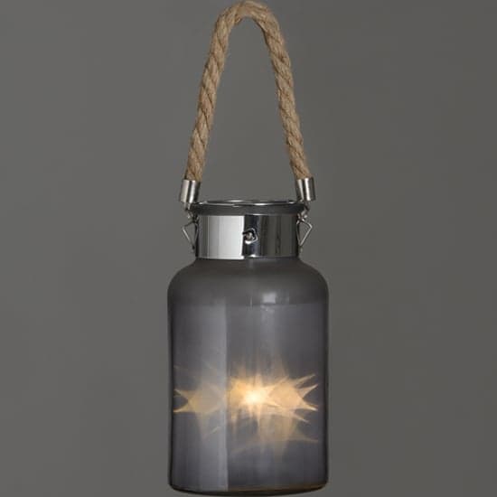 Lair Large Frosted Grey Glass Lantern With Rope And Interior LED_1