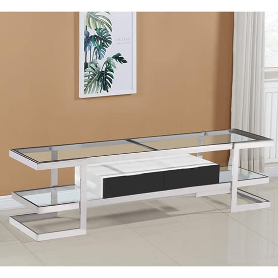 Laird Clear Glass TV Stand With White High Gloss Drawer Furniture in
