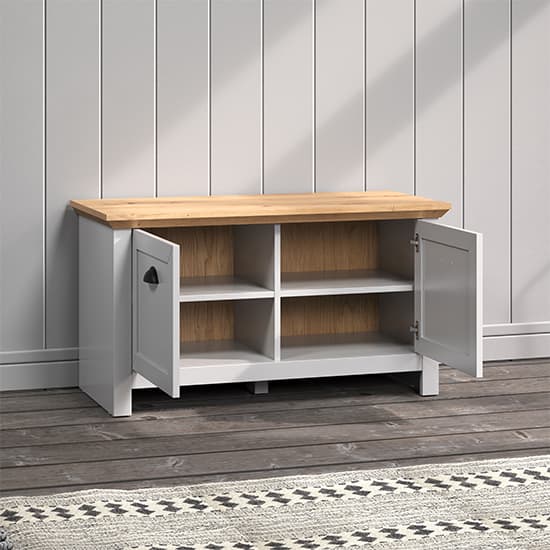 Lajos Wooden Hallway Seating Bench In Light Grey And Artisan Oak_3