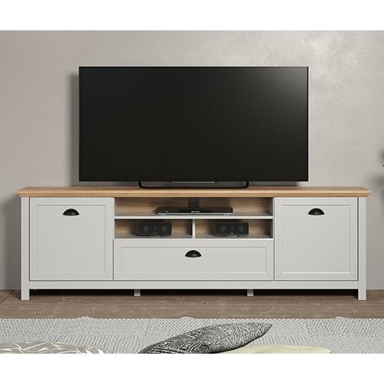 Lajos Wooden Large TV Stand In Light Grey With LED Lights_2