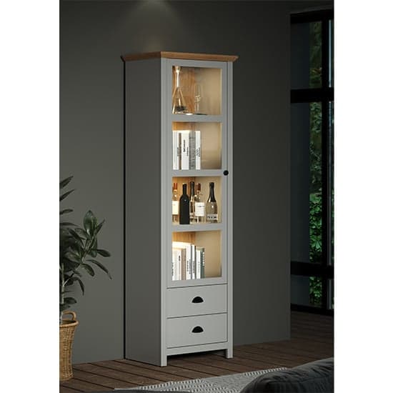 Lajos Wooden Narrow Display Cabinet In Light Grey With LED_2