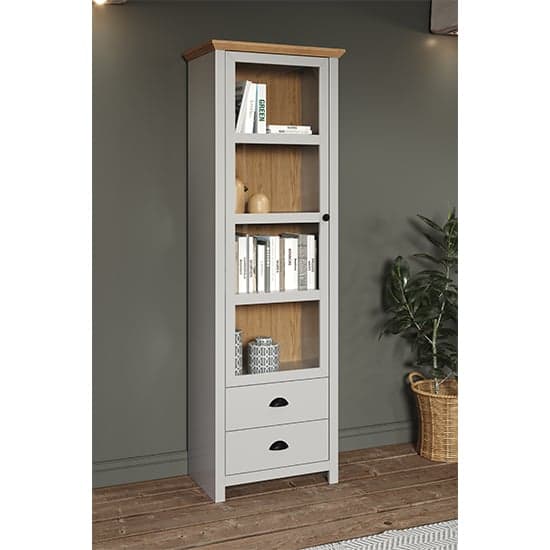 Lajos Wooden Narrow Display Cabinet In Light Grey With LED_3