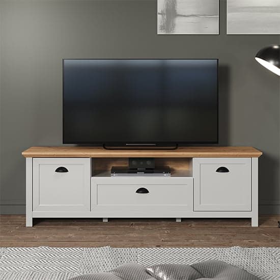 Lajos Wooden Small TV Stand In Light Grey With LED Lights_2