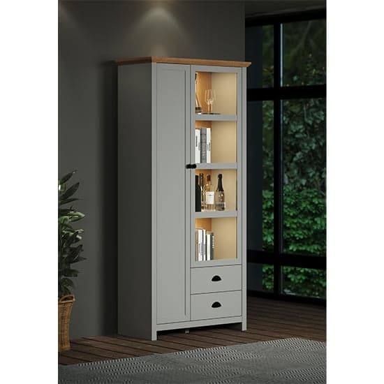 Lajos Wooden Tall Display Cabinet In Light Grey With LED Lights_2