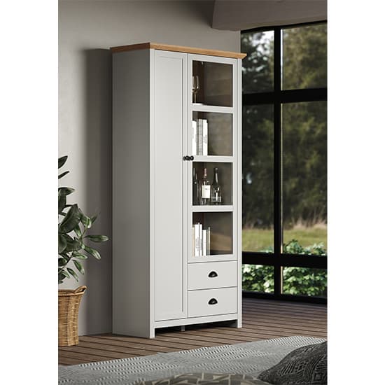Lajos Wooden Tall Display Cabinet In Light Grey With LED Lights_3