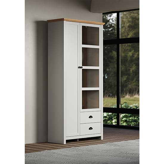 Lajos Wooden Tall Display Cabinet In Light Grey With LED Lights_4