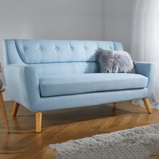 Lambda Fabric 3 Seater Sofa With Wooden Legs In Duck Egg Blue_1