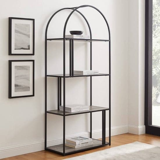Langley Metal Arched Bookcase With 4 Grey Wash Wooden Shelves_2