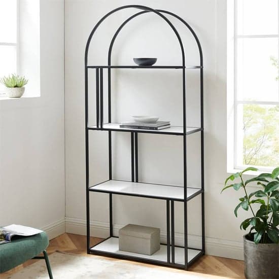 Langley Metal Arched Bookcase With 4 White Marble Effect Shelves_2