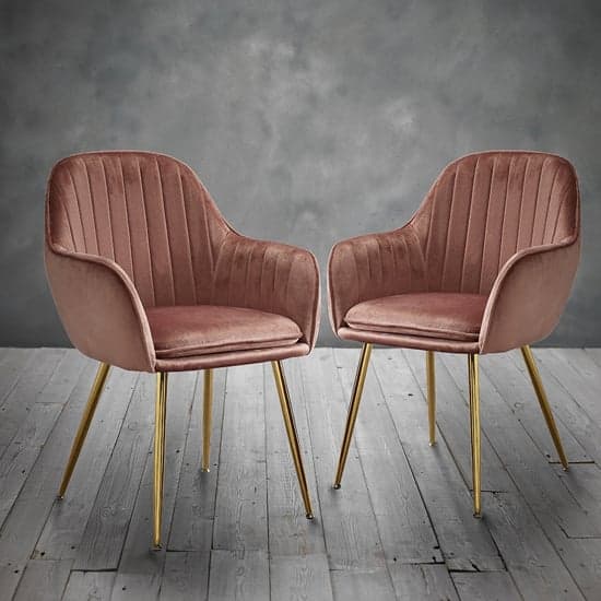 Lewes Velvet Vintage Pink Dining Chairs With Gold Legs In Pair_2