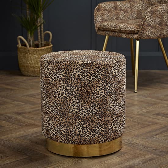 Lewes Round Velvet Pouffe With Gold Base In Leopard Print_2