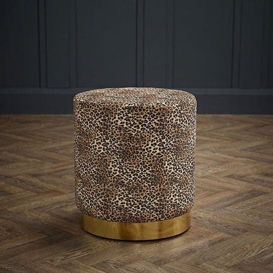 Lewes Round Velvet Pouffe With Gold Base In Leopard Print