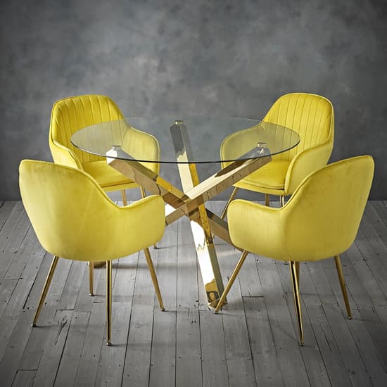 Lewes Velvet Ochre Yellow Dining Chairs With Gold Legs In Pair