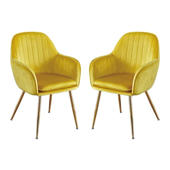 Lewes Velvet Ochre Yellow Dining Chairs With Gold Legs In Pair