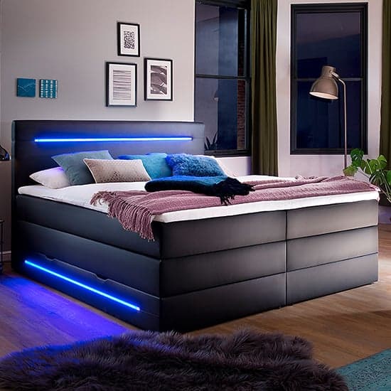 Kassie Faux Leather Storage Double Bed In Black With LED_1