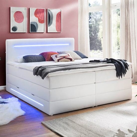 Kassie Faux Leather Storage Double Bed In White With LED_1