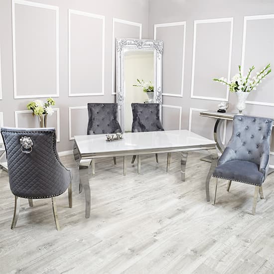 Laval White Glass Dining Table With 8 Benton Dark Grey Chairs_1