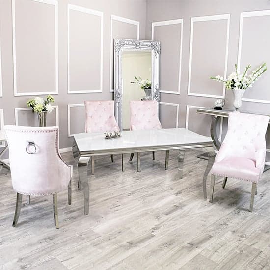 Laval White Glass Dining Table With 6 Dessel Pink Chairs_1