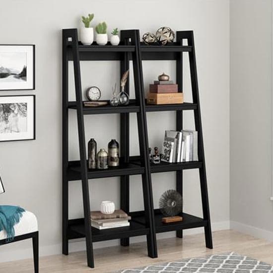 Langore Wooden Black Ladder Bookcase With 4 Shelves In Pair_1