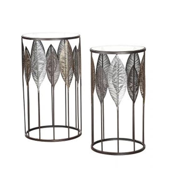 Leaves Clear Glass Top Set Of 2 Side Tables With Metal Frame_2