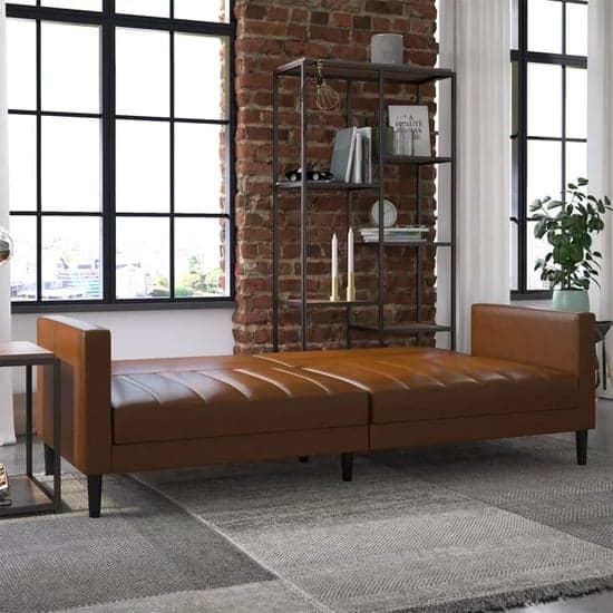 Leeds Faux Leather Futon Sofa Bed In Camel With Solid Wood Legs_2