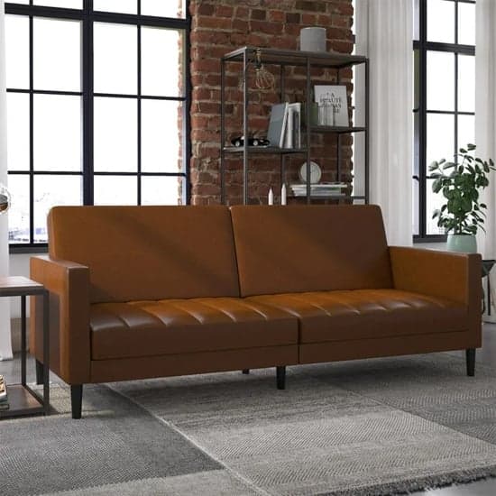Leeds Faux Leather Futon Sofa Bed In Camel With Solid Wood Legs_1