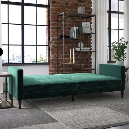 Leeds Velvet Futon Sofa Bed In Green With Solid Wood Legs_2