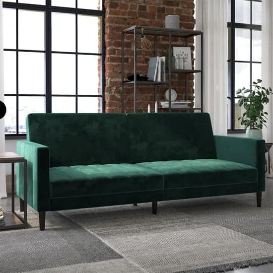 Leeds Velvet Futon Sofa Bed In Green With Solid Wood Legs_1