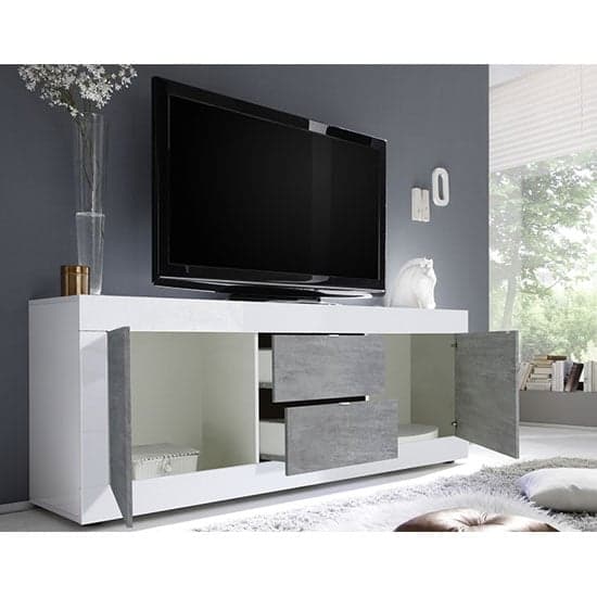 Taylor High Gloss TV Sideboard In White And Cement Effect_2