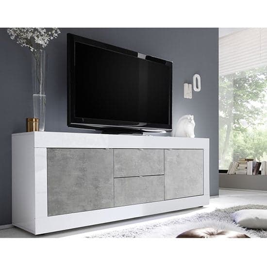 Taylor High Gloss TV Sideboard In White And Cement Effect_1